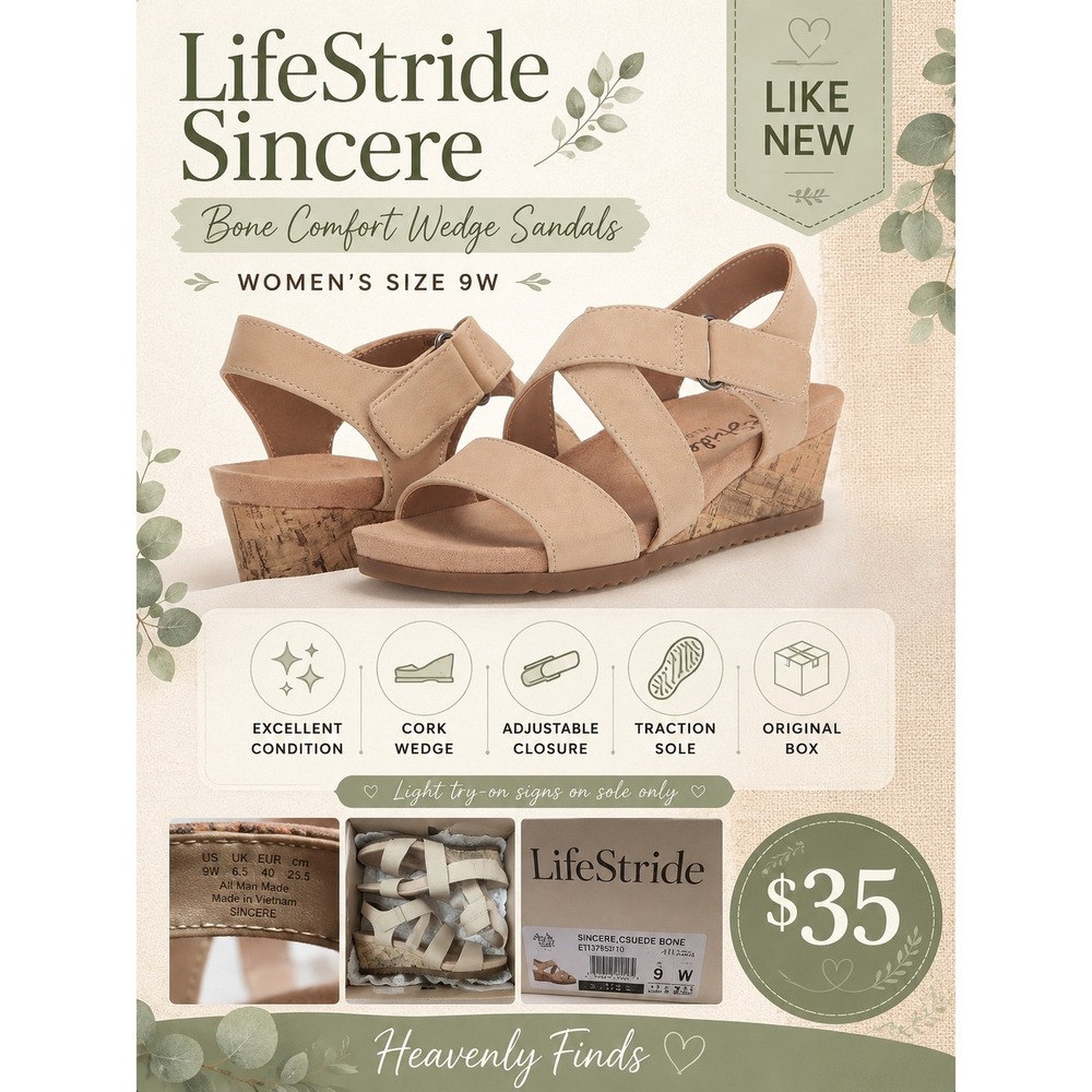 LifeStride Sincere Wedge Sandals 9W Bone Comfort Strappy Cork Heel Excellent